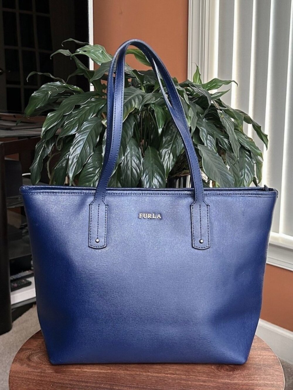 FURLA Leather Tote Bag, Navy Blue